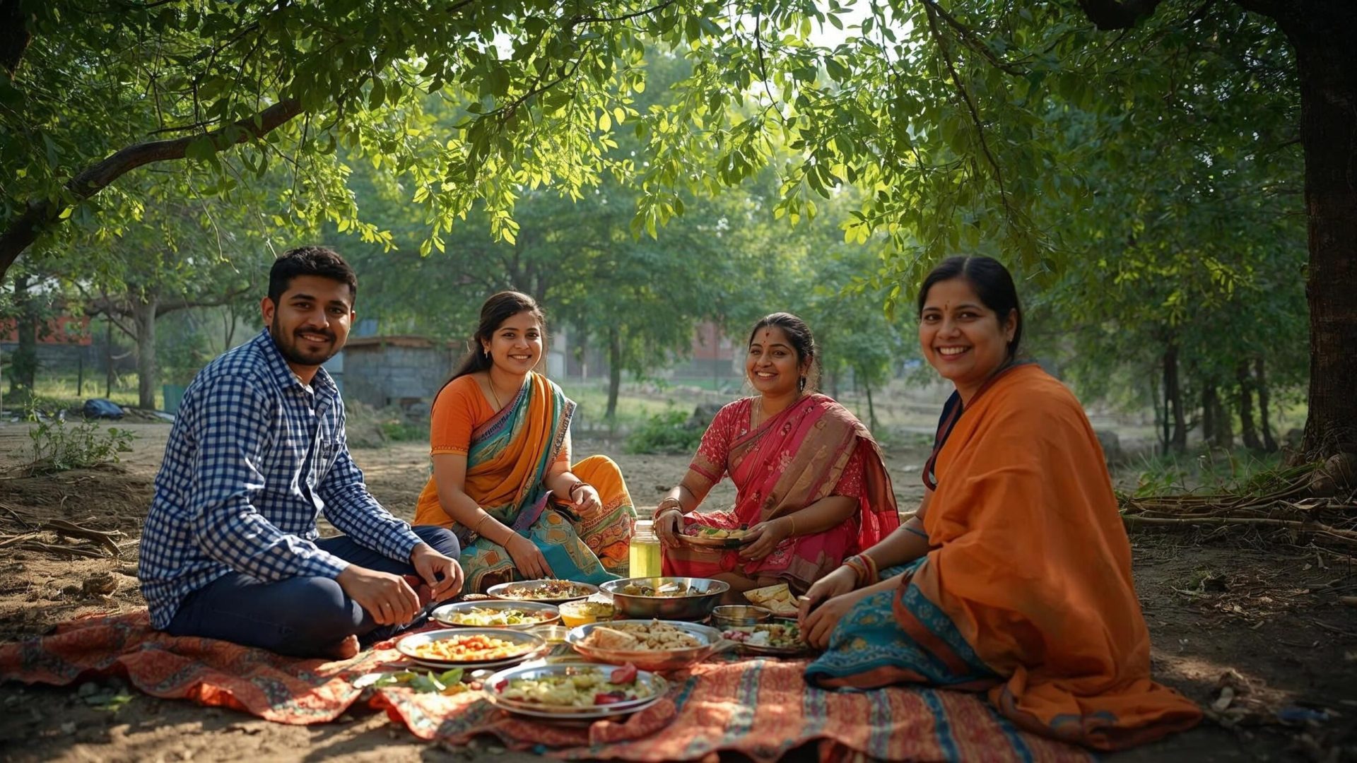 indian family Eating under the trees
